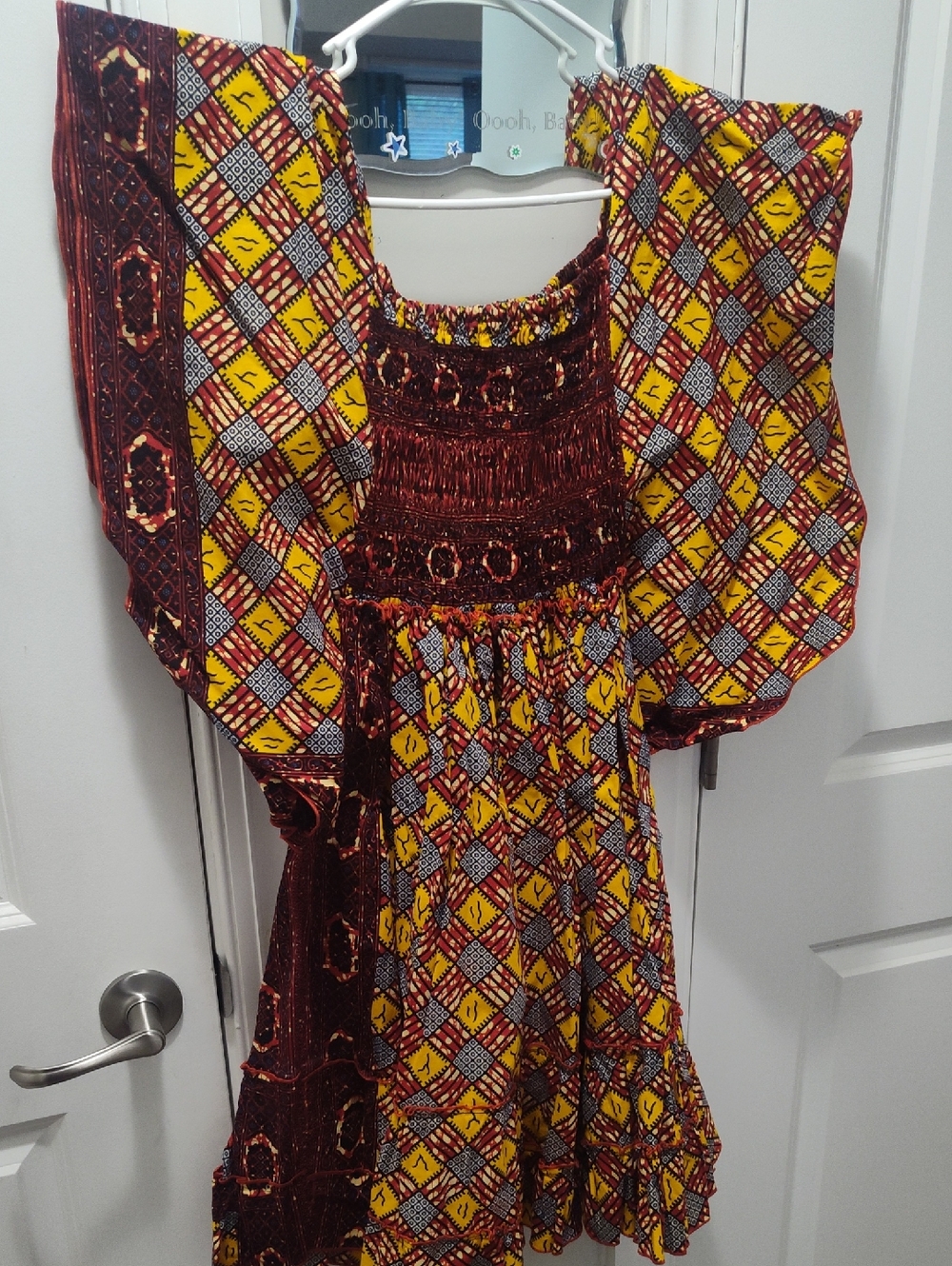 Women’s African Print Yellow and Burgundy Smocked Waist Dress